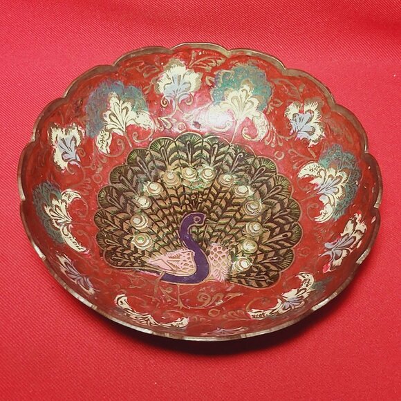 Vintage Indian Etched Brass Metal Peacock Pedestal Red Bowl Trinket Dish - Picture 9 of 11